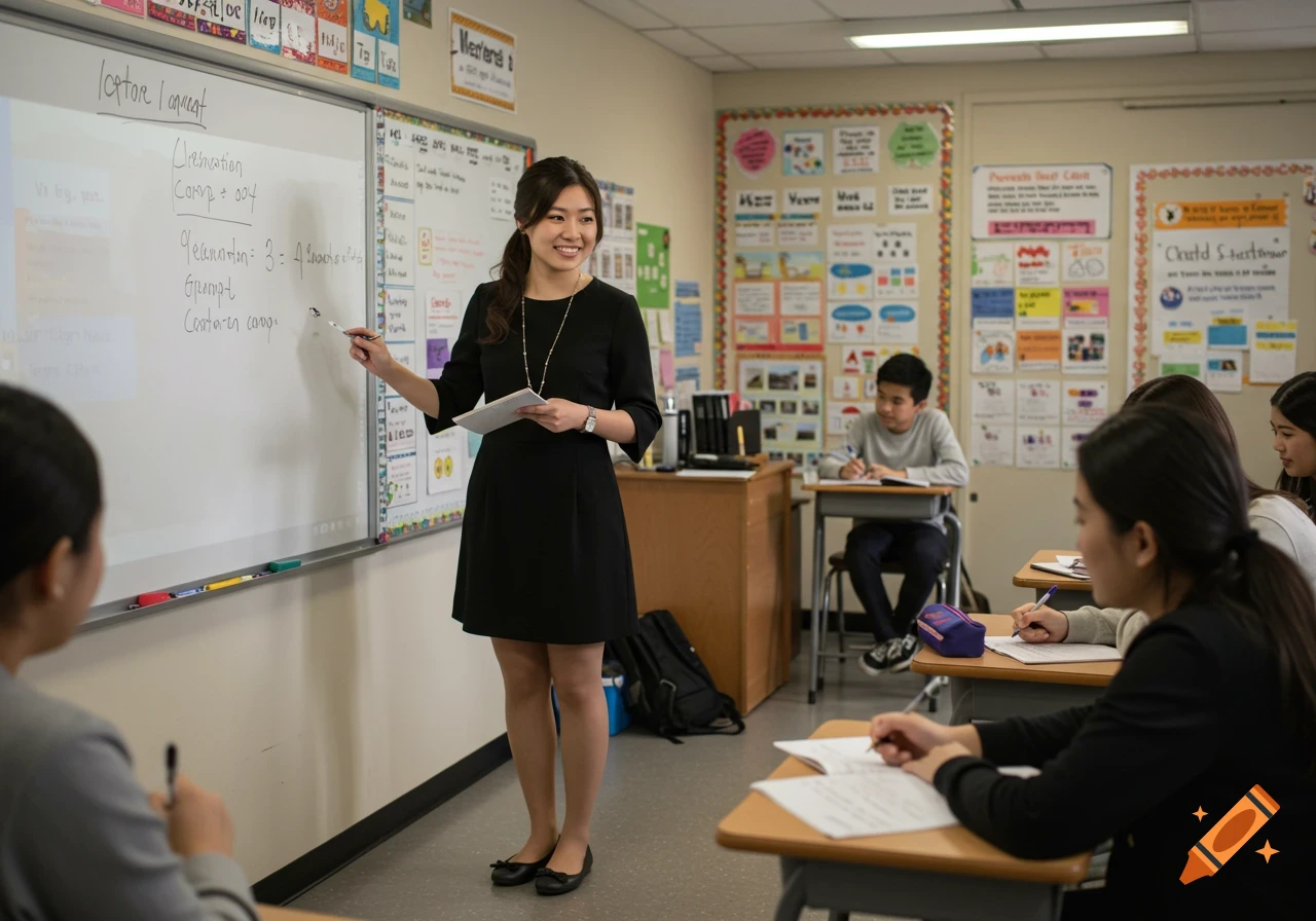 A photorealistic image of an Asian teacher standing by a whiteboard in a classroom with students.