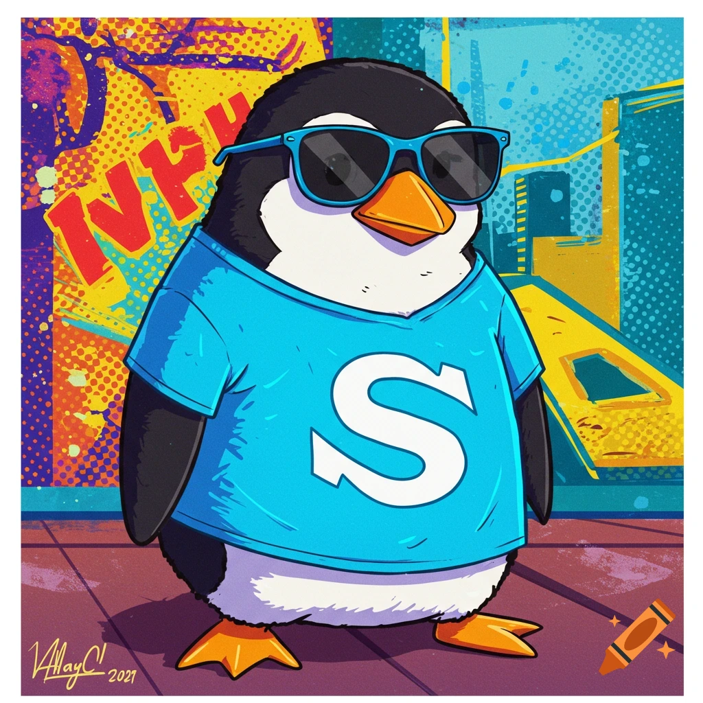 A cartoon penguin wears sunglasses and a blue shirt with a white S, in a pop art style setting.