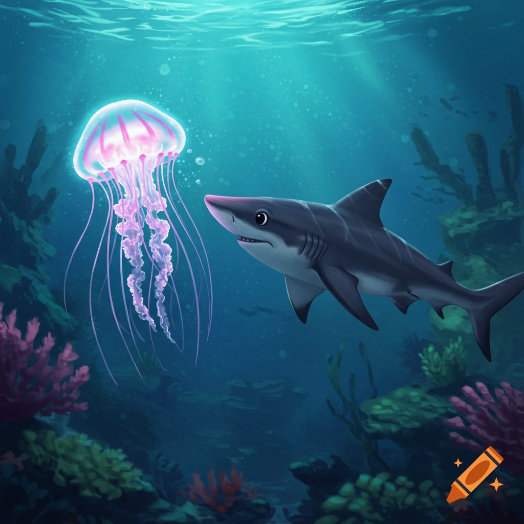 A glowing pink jellyfish looks at a friendly shark underwater near coral.
