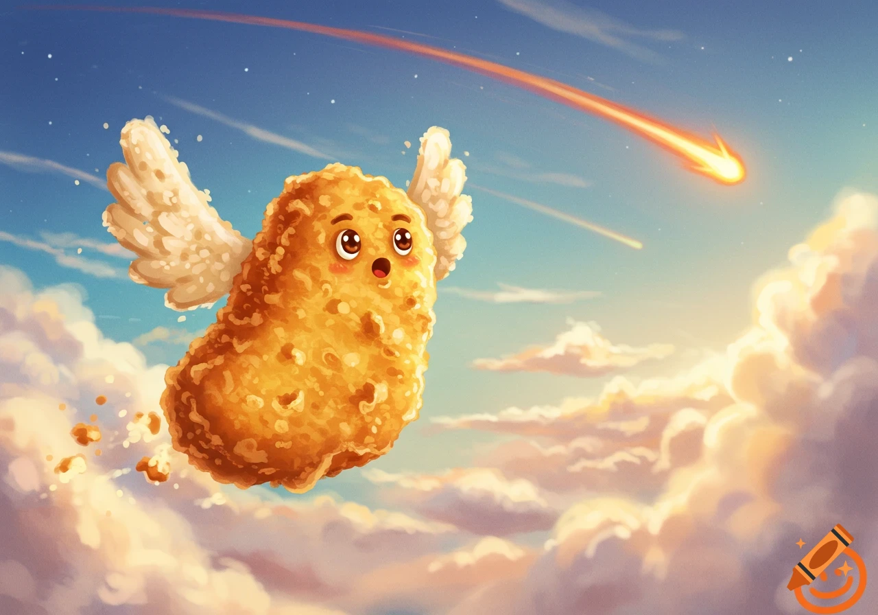 A cartoon chicken nugget with wings flies through a cloudy sky.