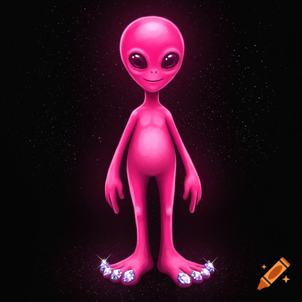 A hot pink alien stands against a starry background with sparkling diamonds on its toes.