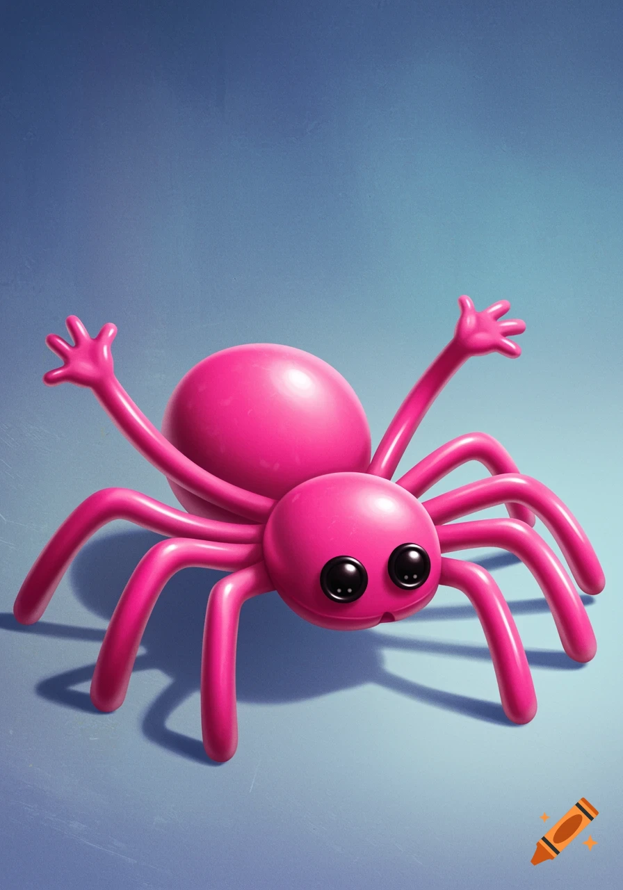 Illustration of a cute pink toy spider with big eyes and arms waving.
