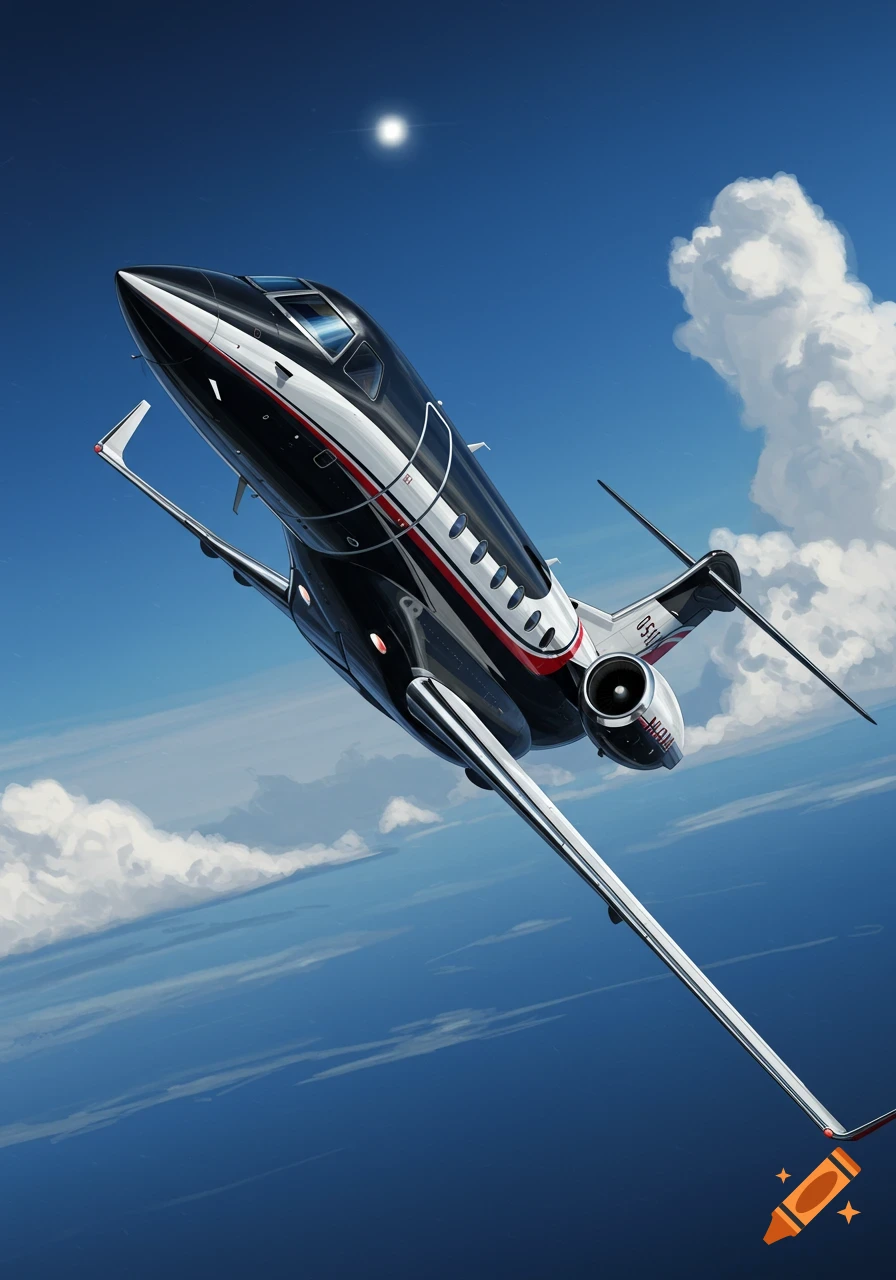 A black, white, and red private jet is flying in a blue sky with clouds and the sun.
