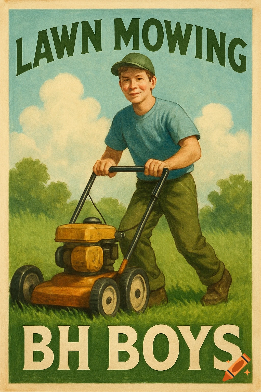 Illustration of a boy mowing a lawn in a vintage-style ad with text 'LAWN MOWING BH BOYS'.