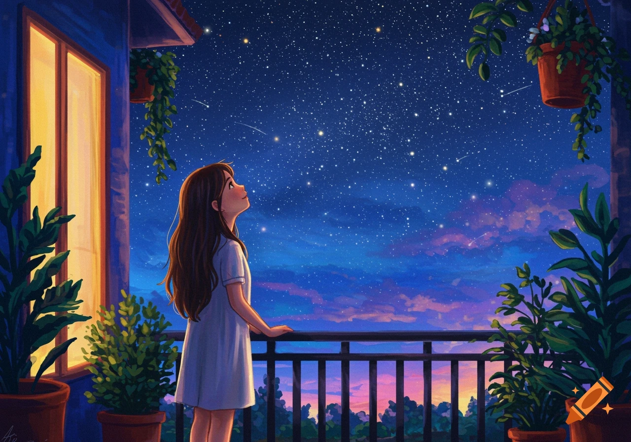 Illustration of a girl looking up at a starry night sky from a balcony with plants.