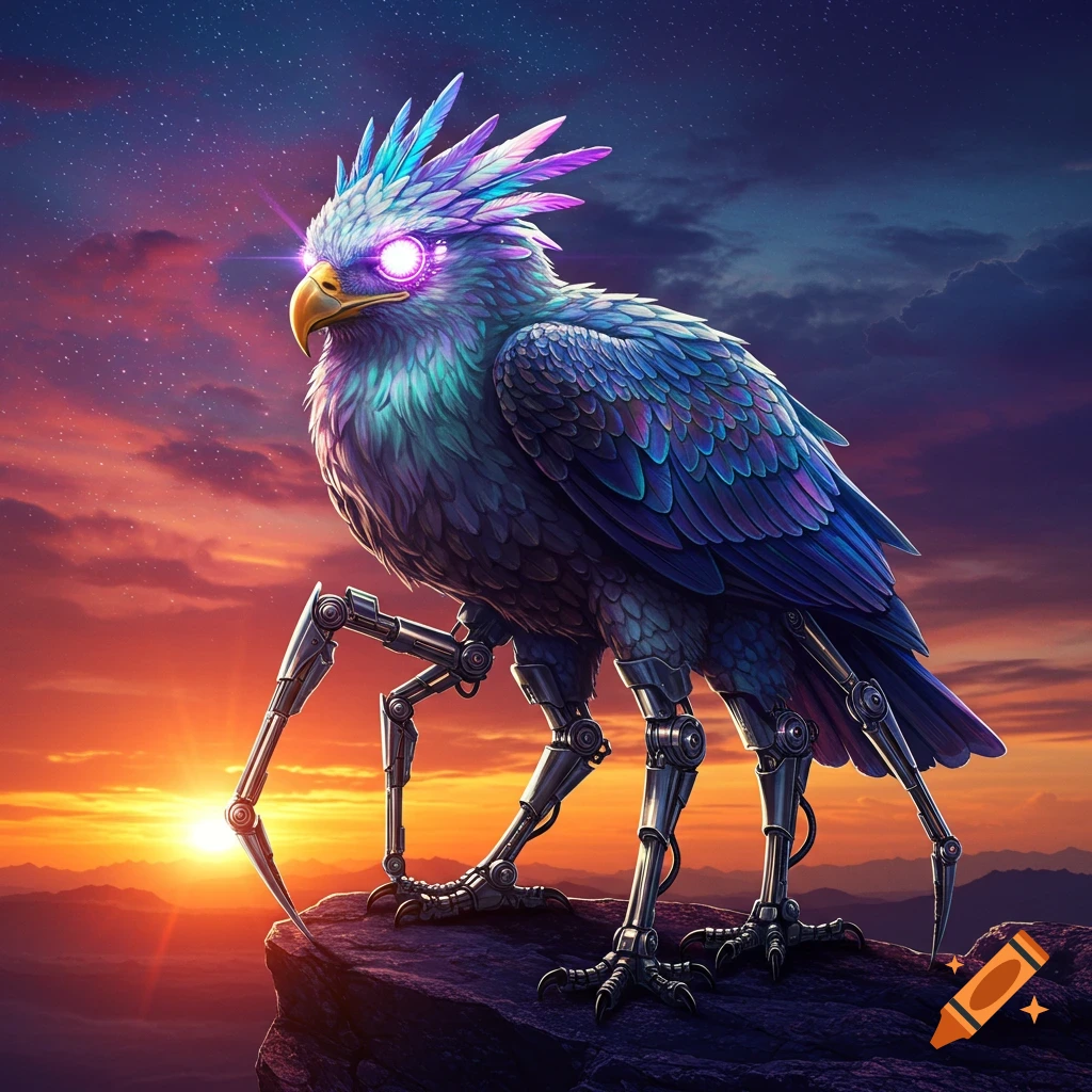 A creature with the body of a bird, four mechanical legs, glowing purple eyes, and iridescent feathers perches on a rock at sunset under a starry sky. Digital art.
