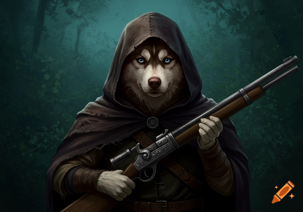 A hooded husky holds a rifle in a forest.