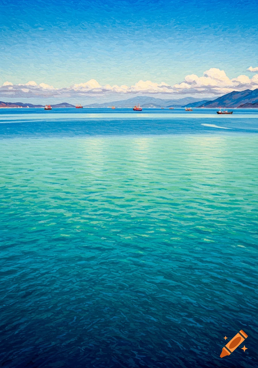 Painterly seascape with ships, mountains, and cloudy sky.