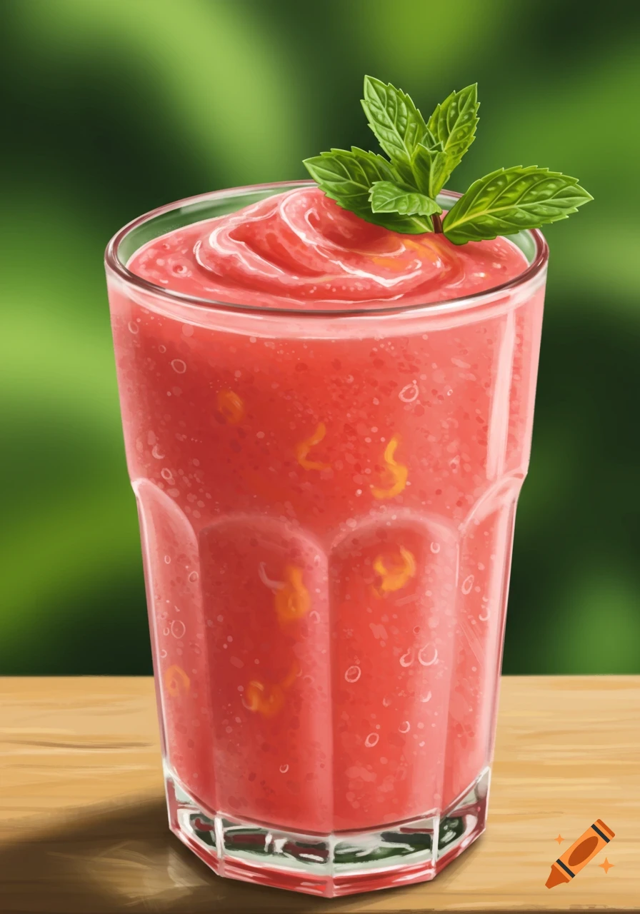 Illustration of a red smoothie with mint leaves in a glass on a wooden table.