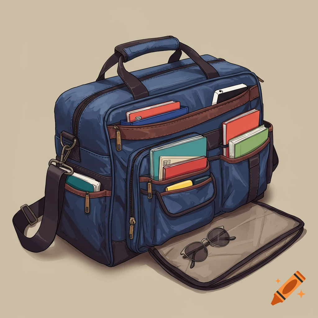 A blue office bag is filled with books and supplies. Sunglasses are on the ground nearby.