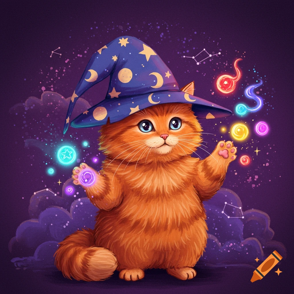 An orange cat wearing a blue wizard hat casts colorful spells.