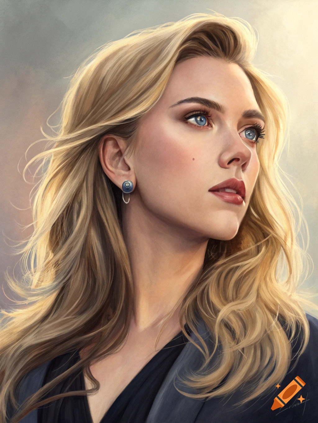 Close-up realistic portrait of a woman with blonde hair looking up.