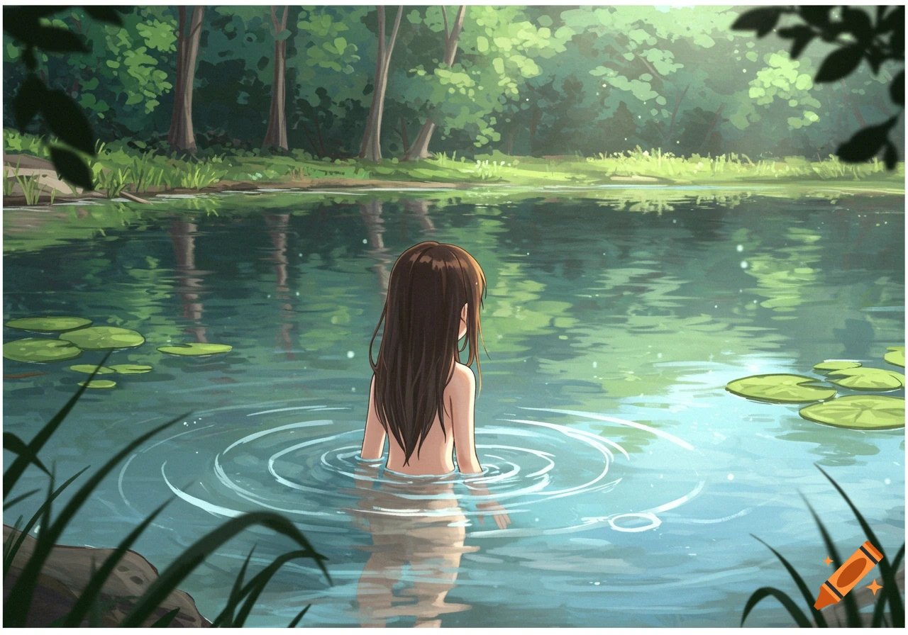 Anime style image of a girl bathing in a lake, seen from behind with forest in the background.