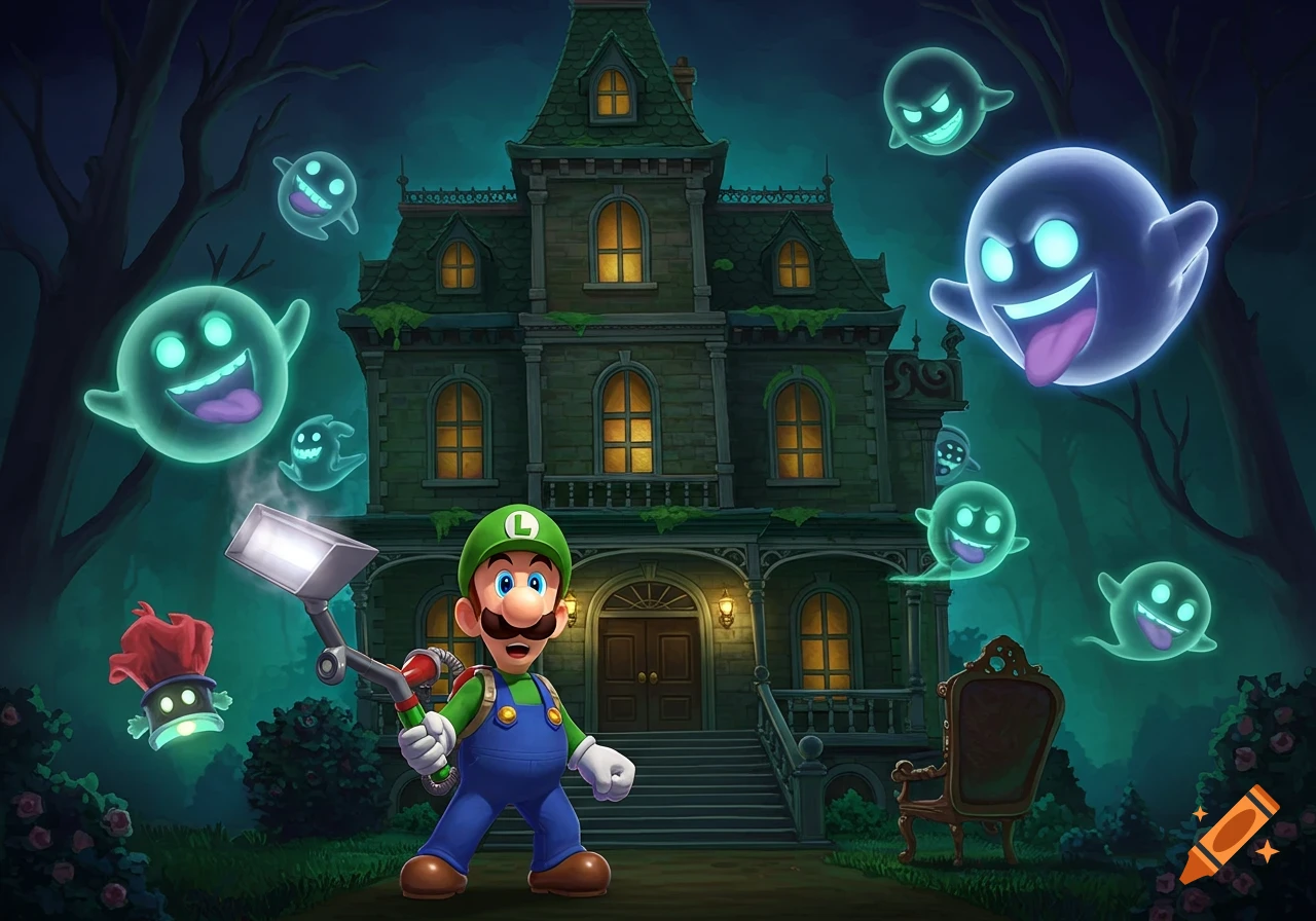 Luigi stands in front of a haunted mansion with ghosts floating around.