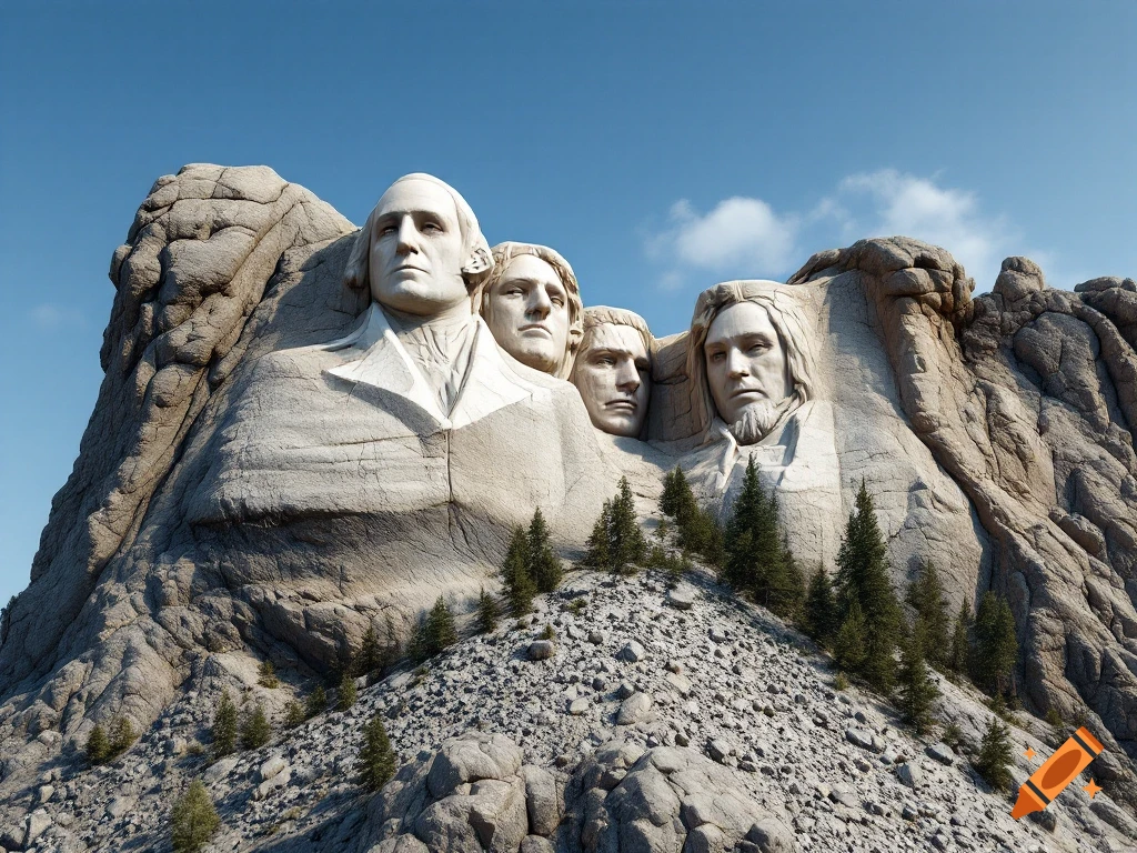 Hyperrealistic image of Mount Rushmore reimagined with faces of four famous bass players carved into the mountain under a blue sky.