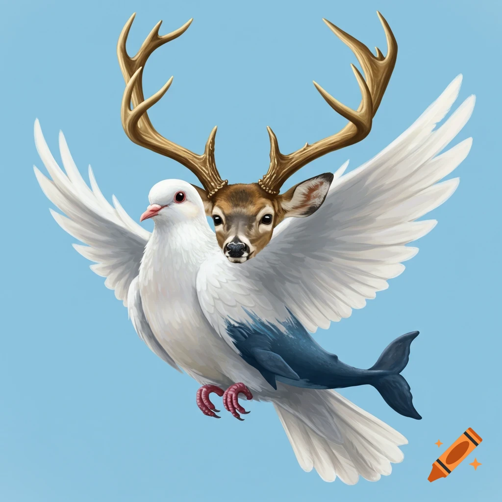 A mystical creature, a dove with deer antlers and a whale tail, takes flight.
