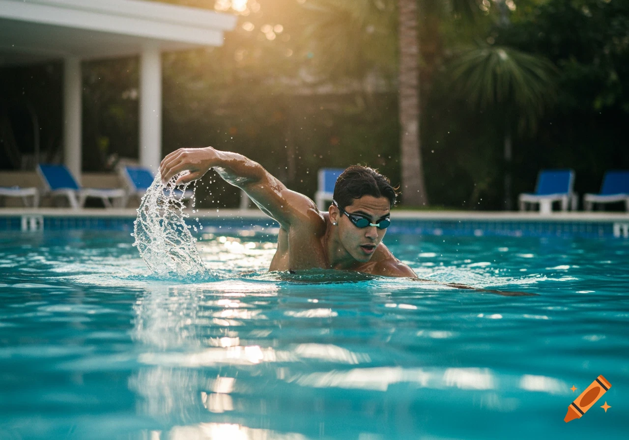 Photorealistic image of a person swimming freestyle in a sunlit pool, creating a splash.