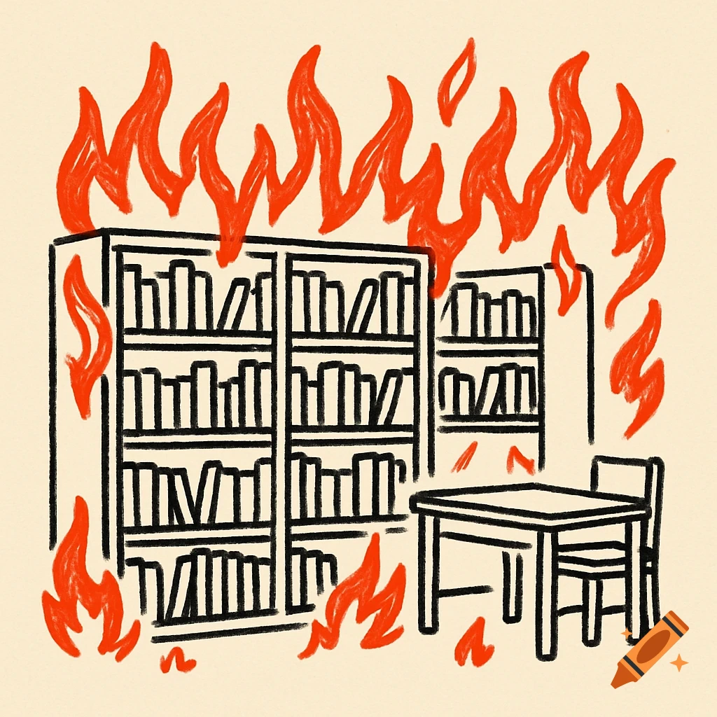 Stylized drawing of a library bookshelf and table engulfed in red flames.