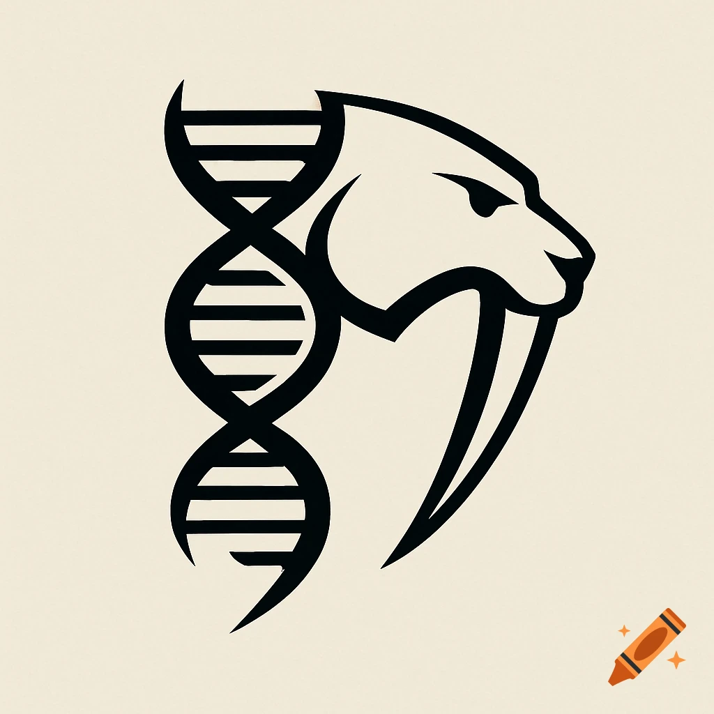 Black and white logo of a DNA helix merging into a saber-toothed cat head.