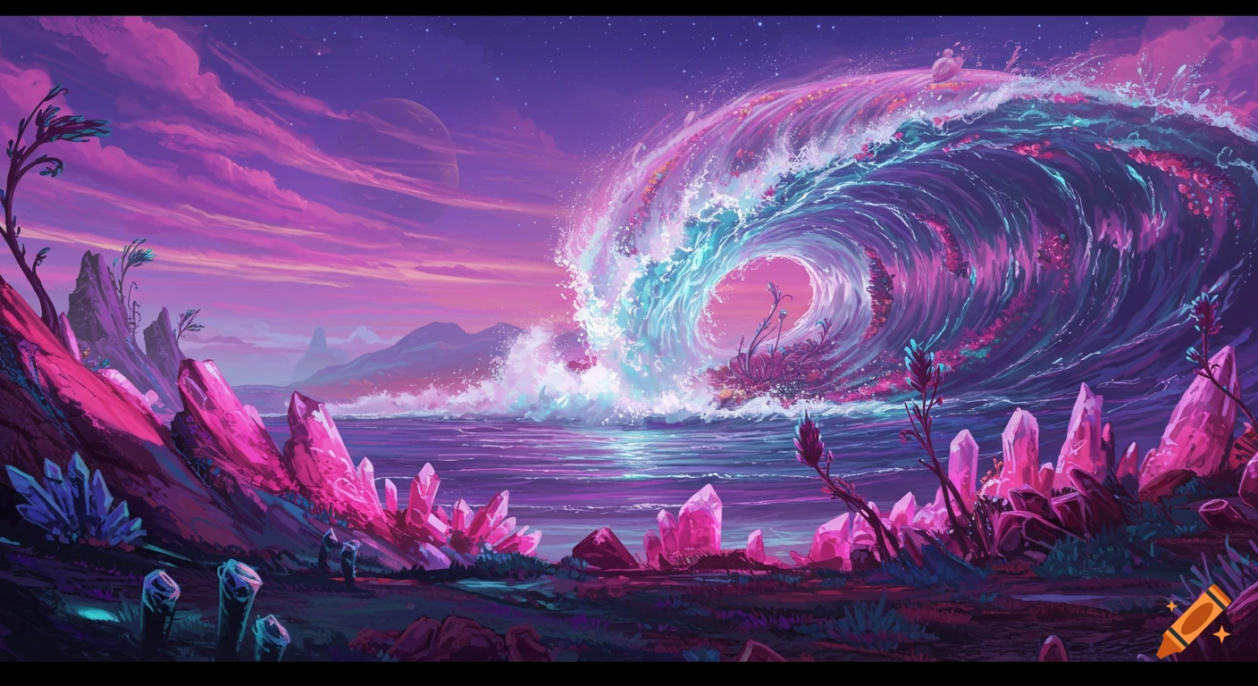 An alien shore with large pink crystals, strange plants, and a giant wave crashing under a purple sky with planets.