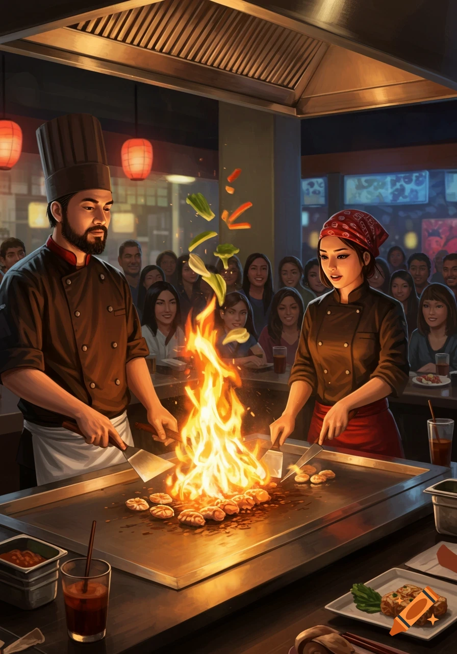 Two hibachi chefs cooking in front of a crowd.
