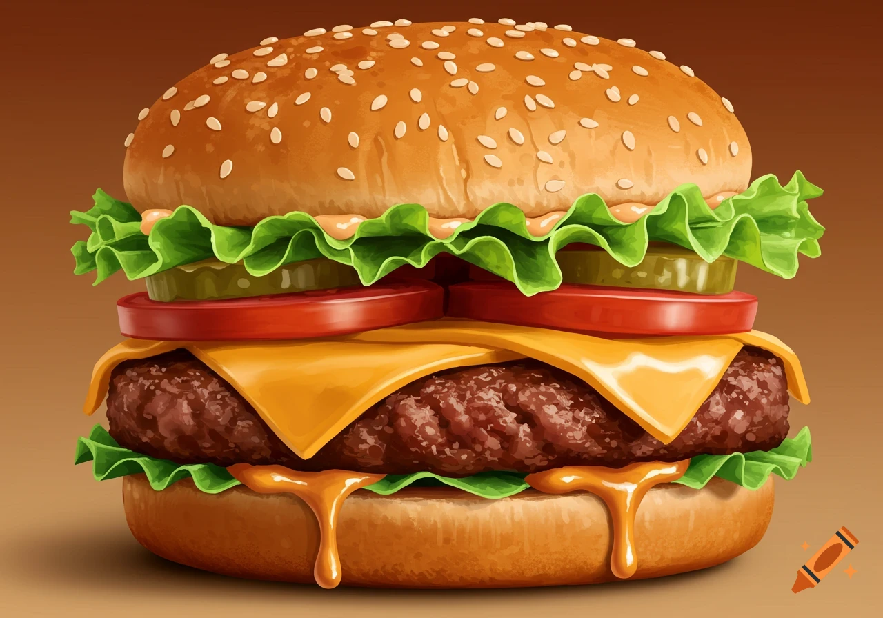 Detailed illustration of a cheeseburger with lettuce, tomato, and pickles