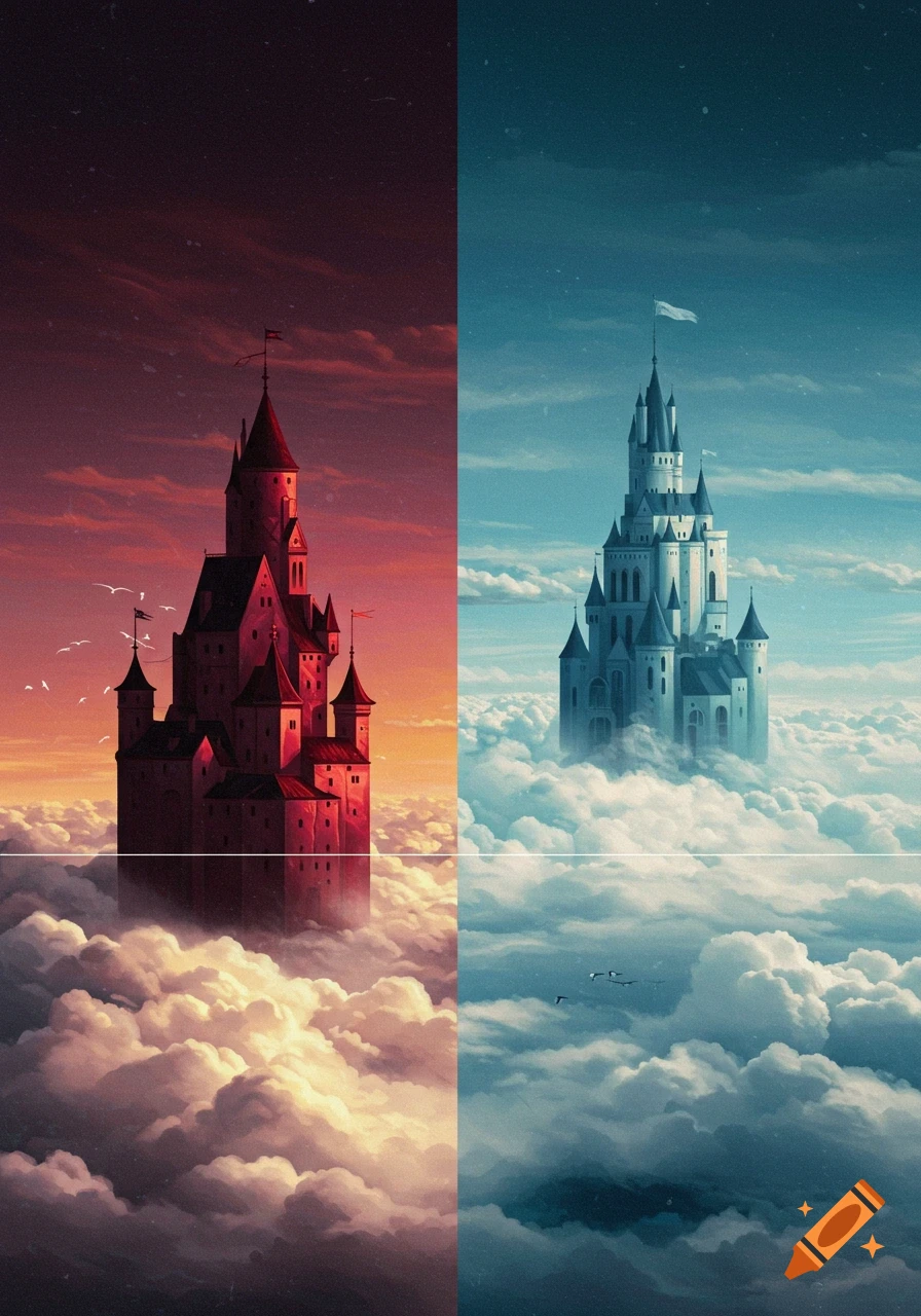 A vertical split image shows a red castle and a blue castle in clouds with birds flying.