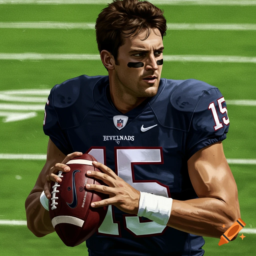A football player in a blue jersey holding a football.