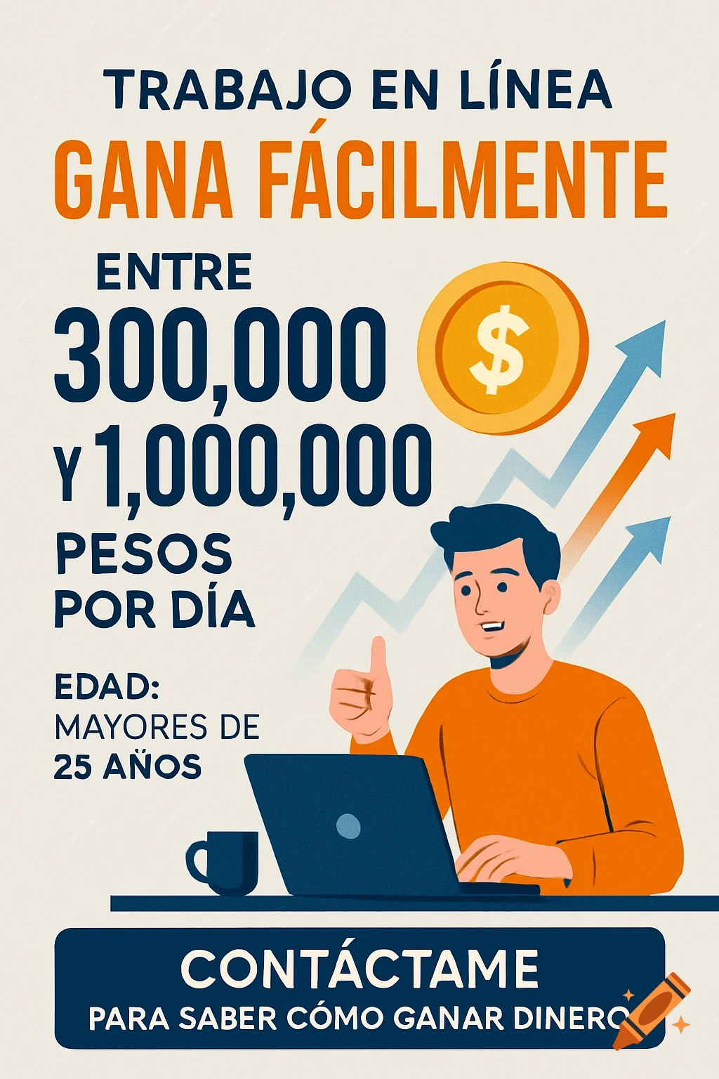 Illustration of a man with a laptop on a recruitment poster about earning money online, with text, a coin, and upward graphs.
