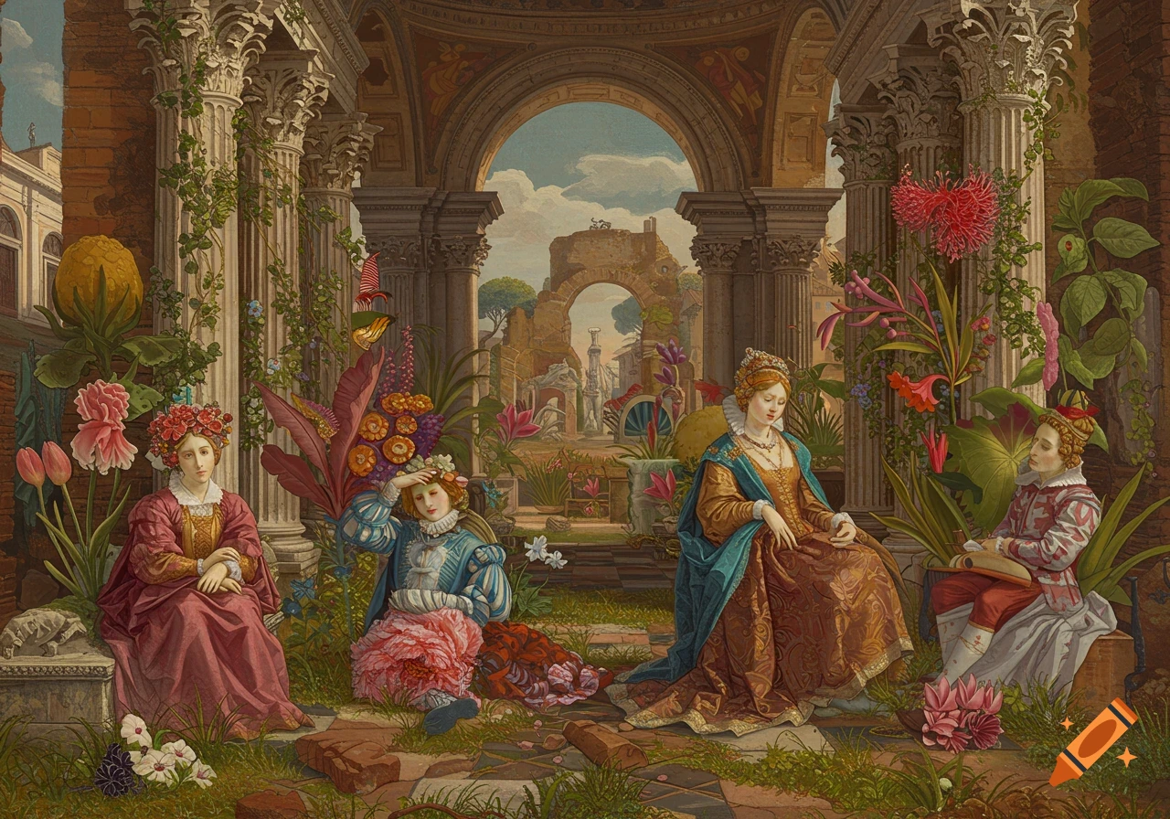 Figures in historical dress in a ruined classical garden with surreal plants.