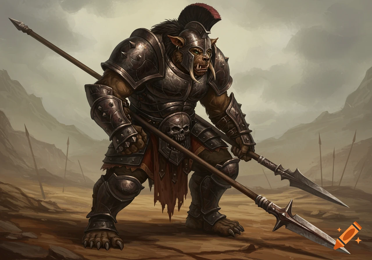 A bugbear warrior in detailed metal armor with a skull chest plate stands holding two spears in a barren landscape with other spears.