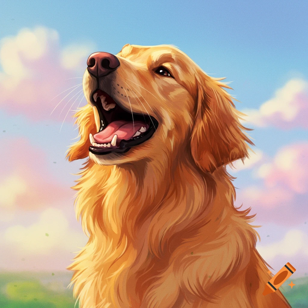 A close-up of a golden retriever looking up at the sky with its mouth open.