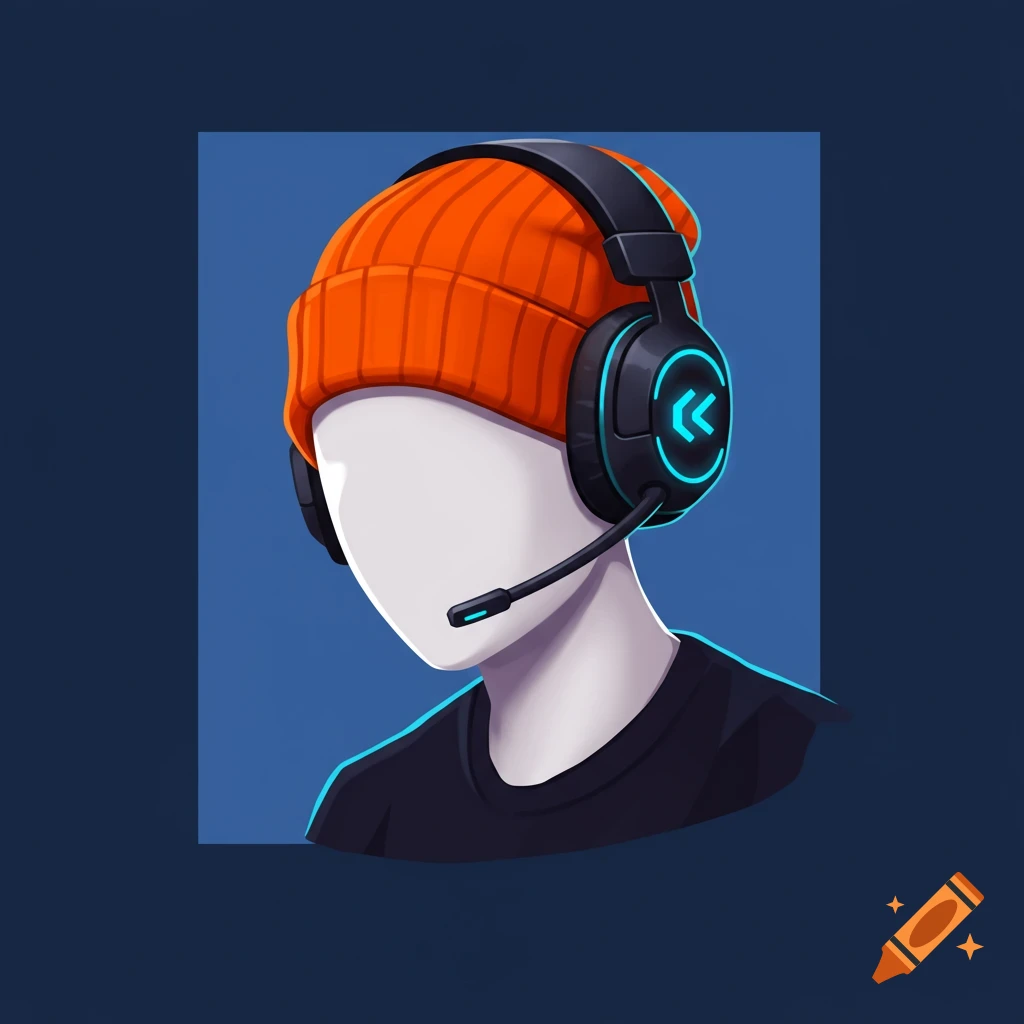 Stylized avatar head wearing an orange beanie and gaming headset against a blue background.