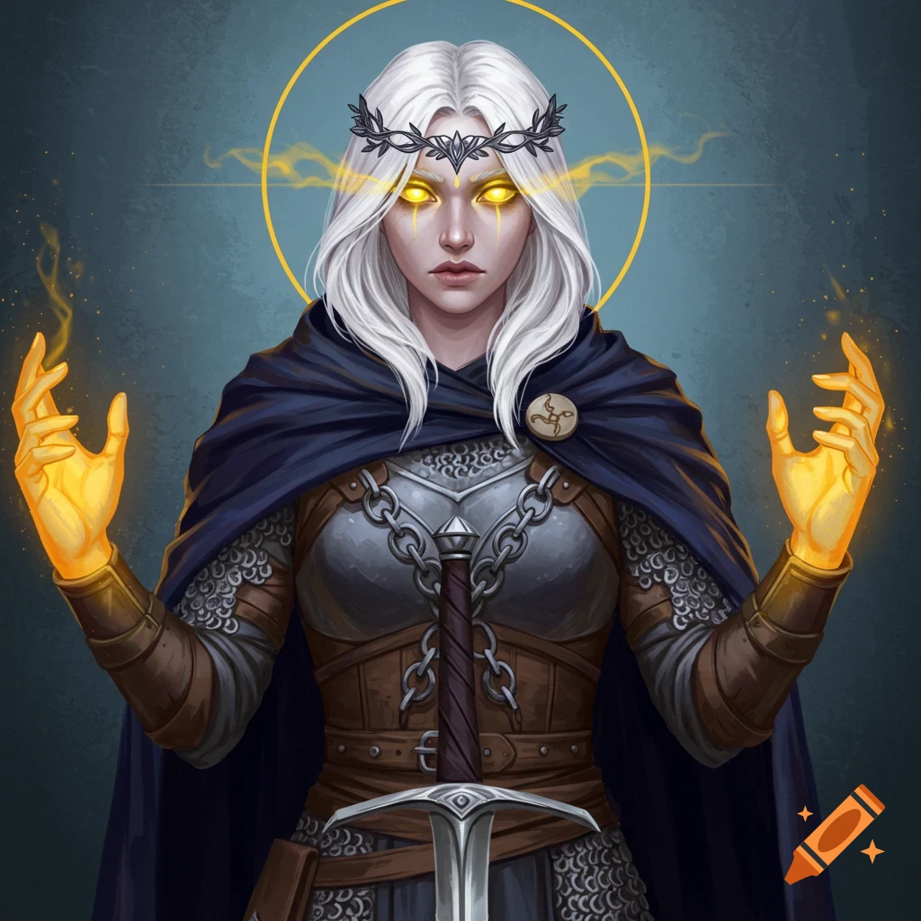 Image of a white-haired female cleric with glowing eyes and hands, wearing chainmail and a cloak, holding a sword, with a halo.