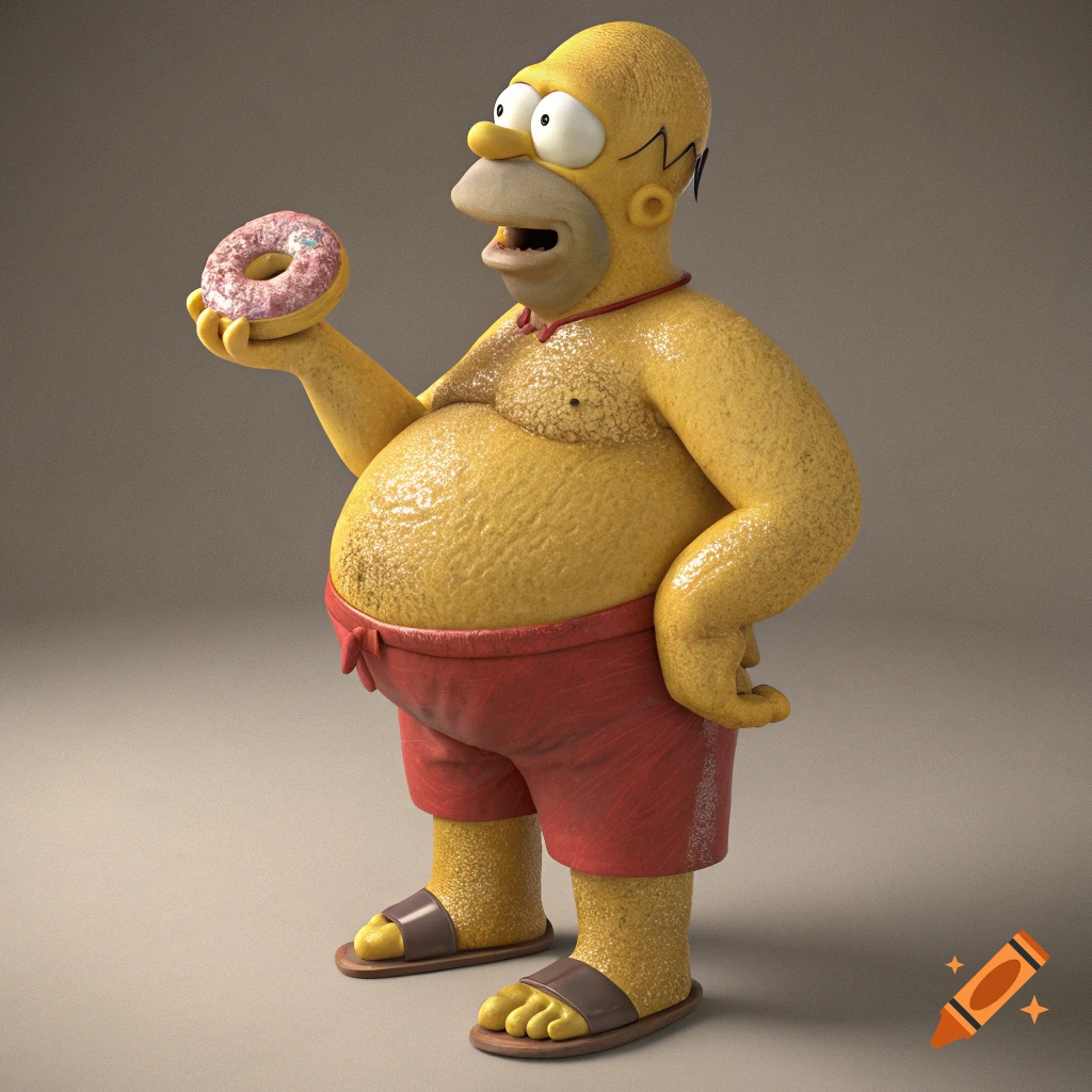 3D render of Homer Simpson in red swim trunks holding a donut.