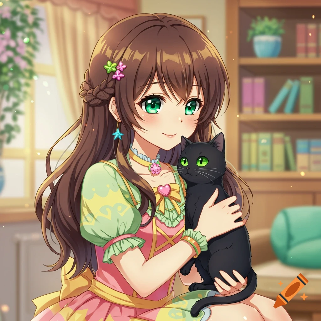 An anime girl with brown hair and green eyes holds a black cat.