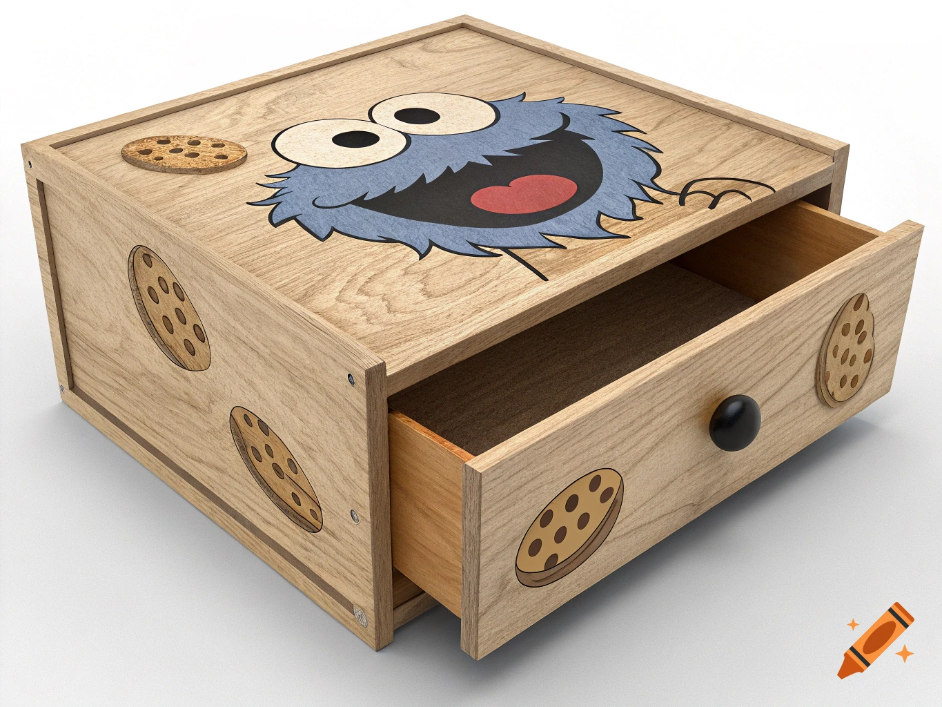 Wooden box with a drawer decorated with the Cookie Monster character and cookies.