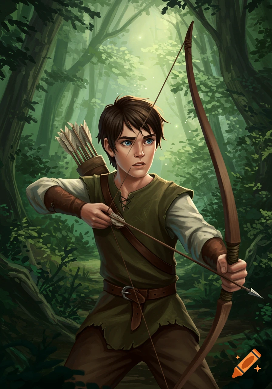 Illustration of a young archer in a forest, holding a bow and arrow.