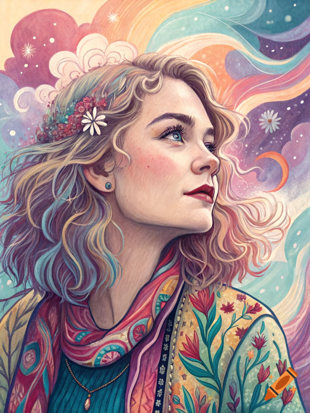 Colorful painted portrait of a woman with flowers in her hair, looking up with a vibrant background of clouds and stars.