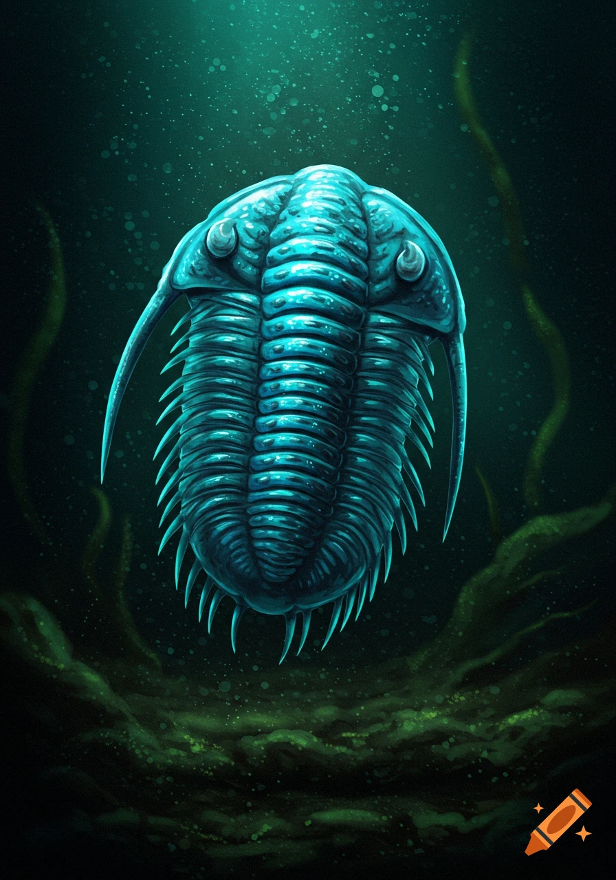 A detailed illustration of a blue trilobite swimming underwater among dark green kelp.