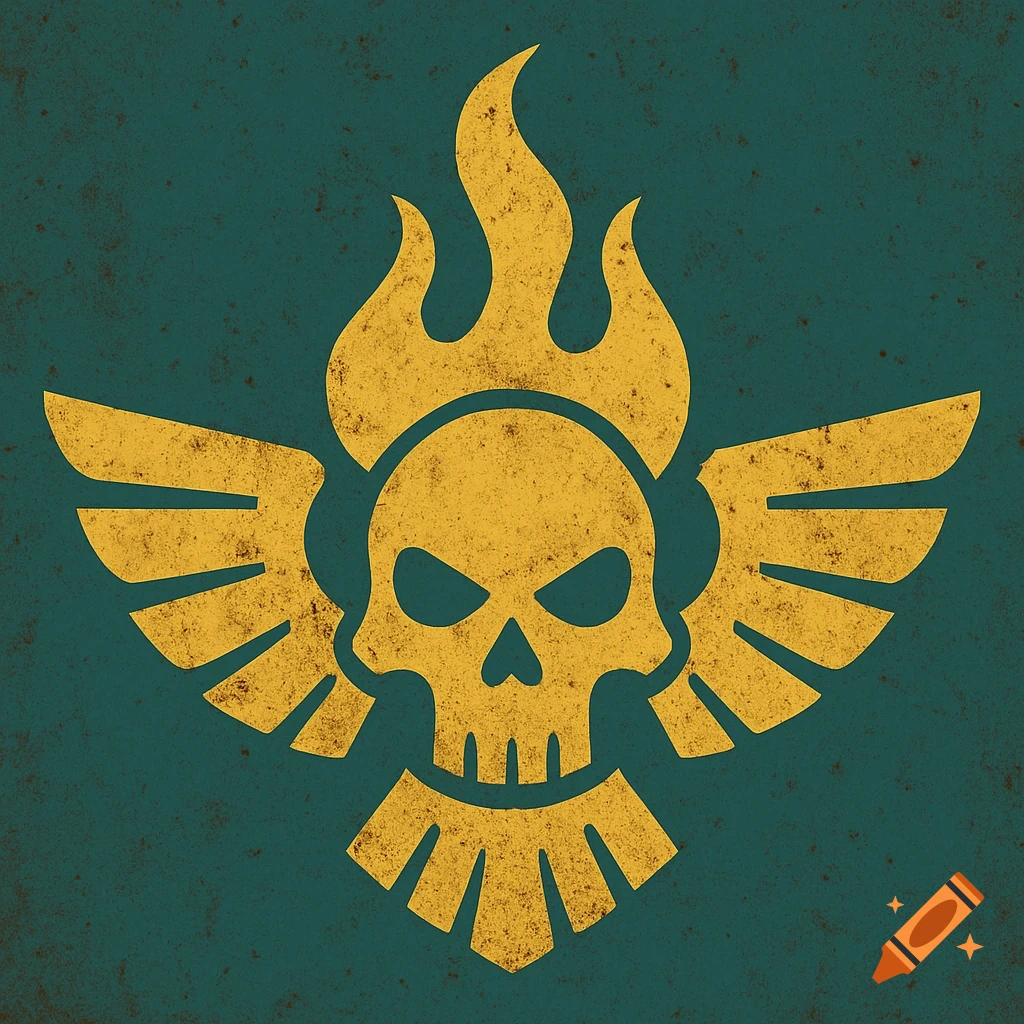Stylized mustard yellow skull with wings and flames on a teal background with a worn texture.