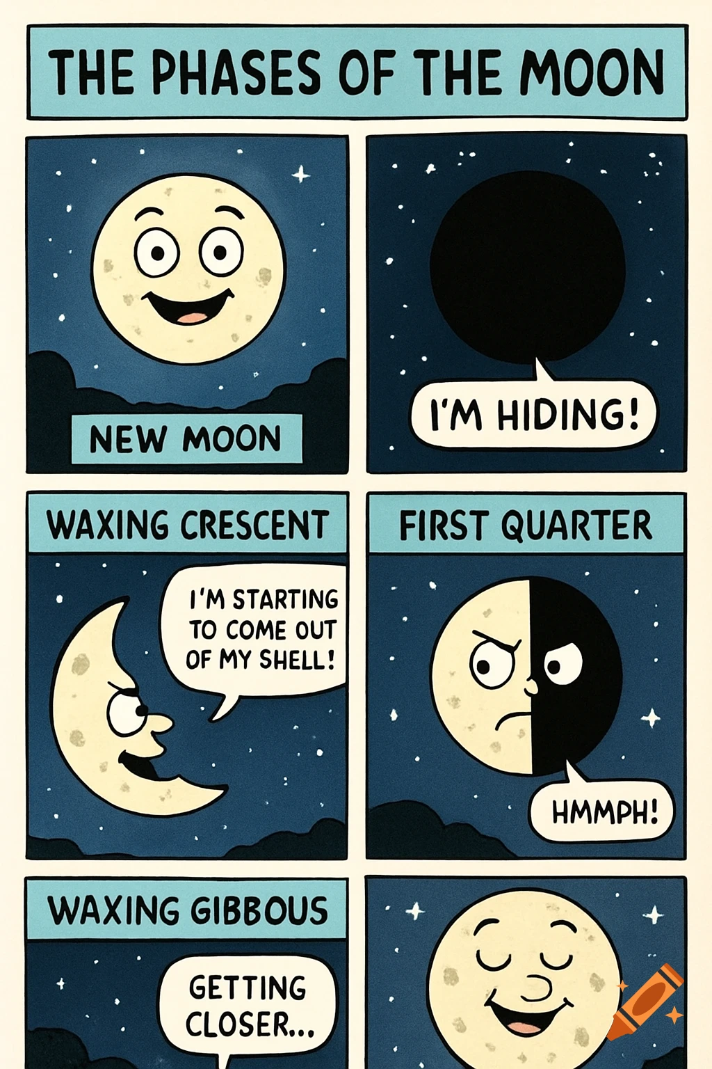 A comic showing phases of the moon with funny text.