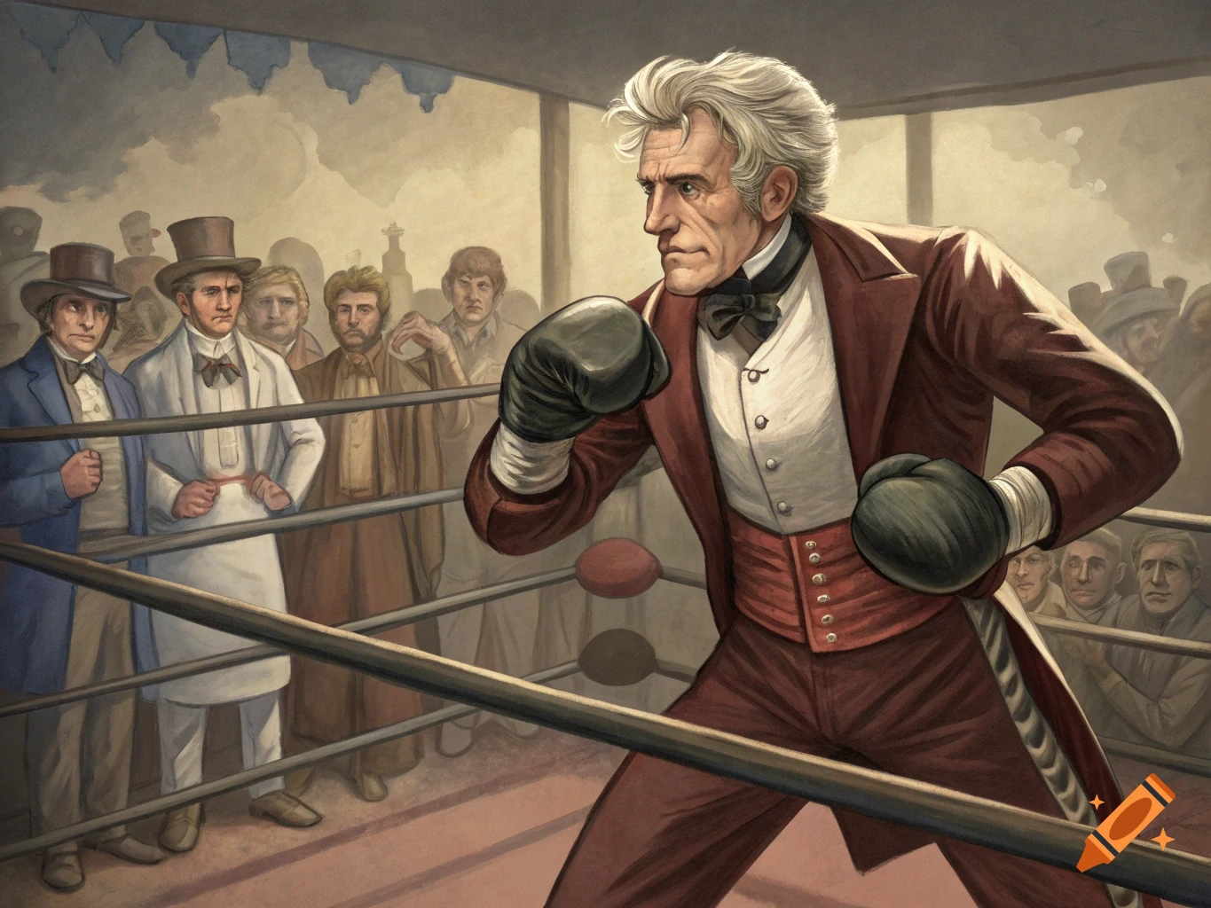 Illustration of Andrew Jackson boxing in a ring with a crowd.