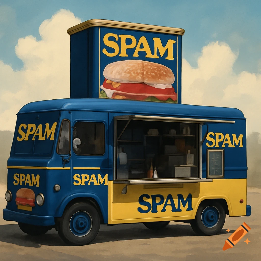 A blue and yellow food truck with the word SPAM repeated on its sides and a large SPAM sign on top.