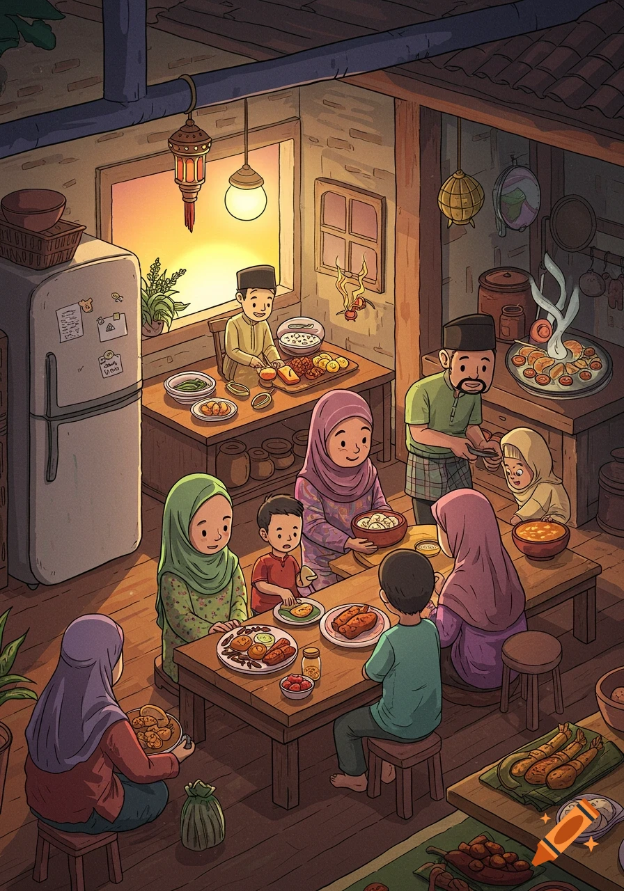 Digital illustration of a Muslim family eating a meal together in a cozy room.