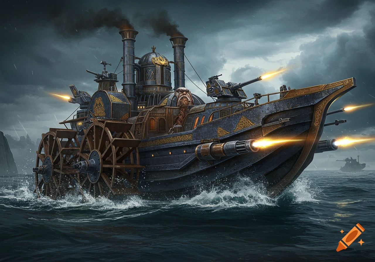 Concept art of a large steampunk paddle steamer combat ship firing weapons on a stormy sea