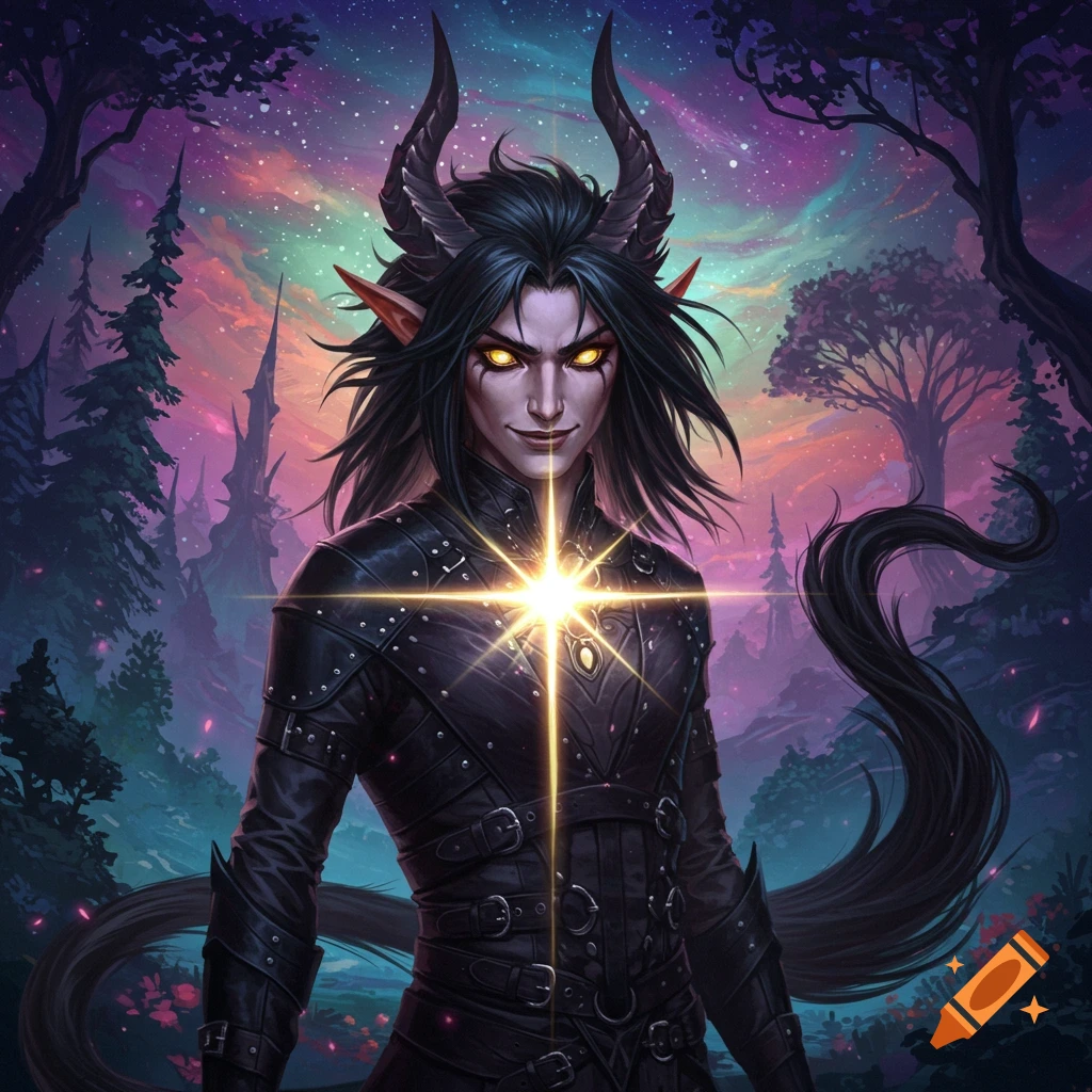 Dark fantasy character with horns, glowing eyes, and a long tail in a ...