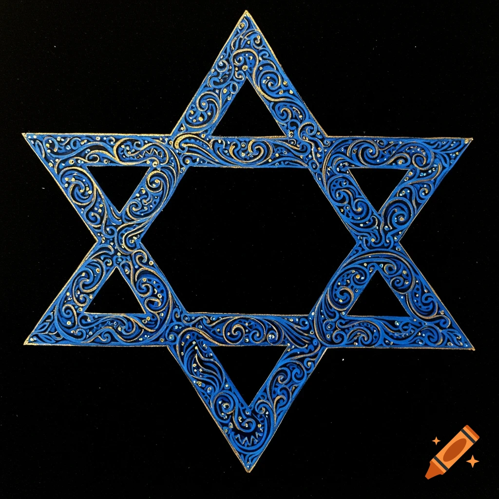 Blue Star of David with intricate gold and blue zentangle pattern on a black background.