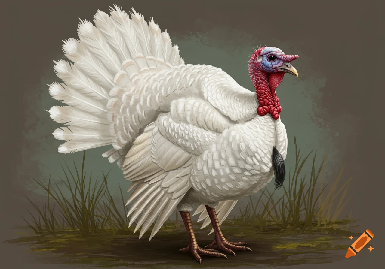A stylized illustration of a white turkey standing.