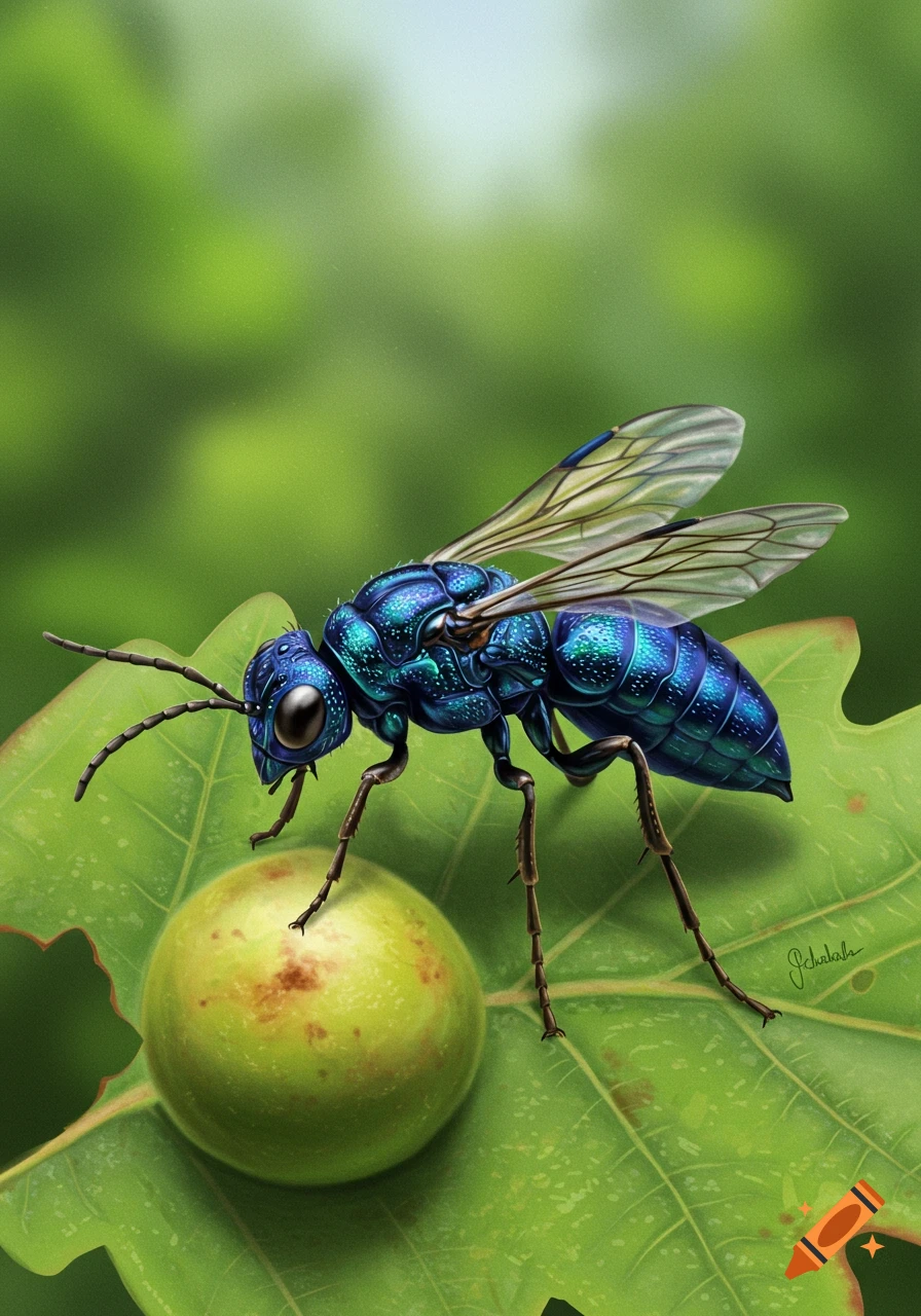 A metallic blue and green wasp is perched on a green leaf with a round gall.